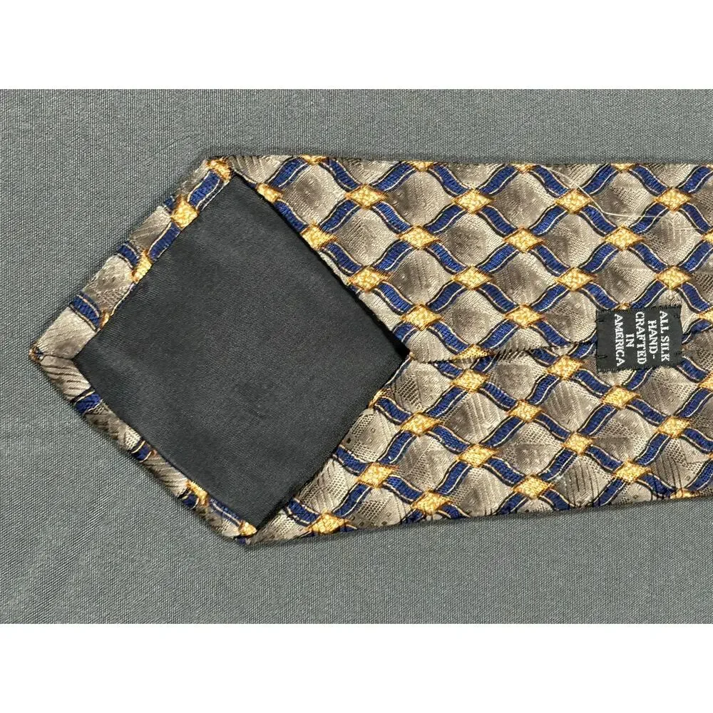J.Z. Richards Men’s Silk Tie Gray Navy Gold Geometric Handmade USA 59”